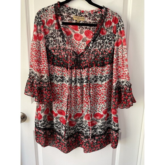Notations Women’s Plus Red Top Blouse 2XL Boho Tunic Multicolor Peasant Shirt - Picture 1 of 9